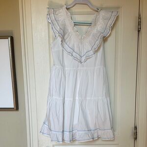 English Factory Ruffled White Mini Dress with Blue Trim